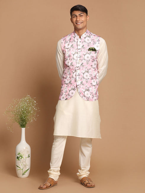 Men's Pink Digital Floral Printed Royal Angrakha Nehru Jacket With Cream Kurta Pyjama Set